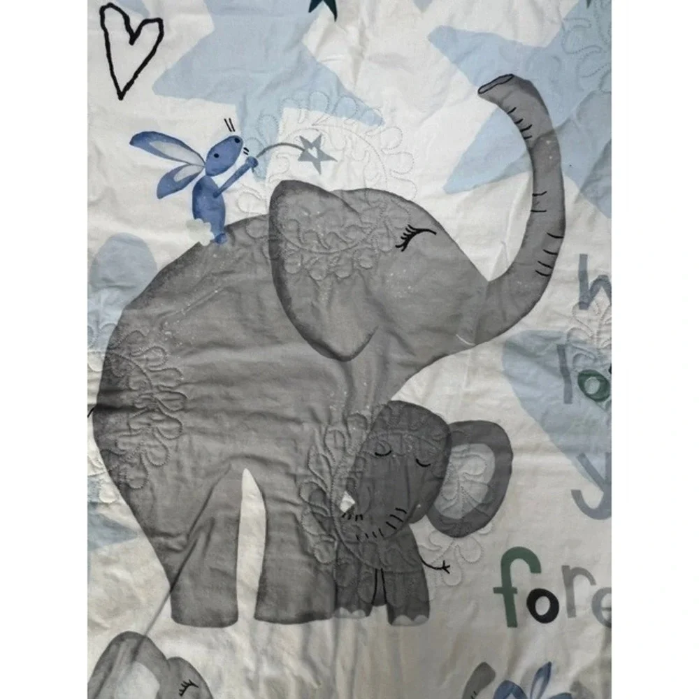 Blue Grey Elephant I Will Love You Forever Quilted Baby Blanket 28x45 Stars